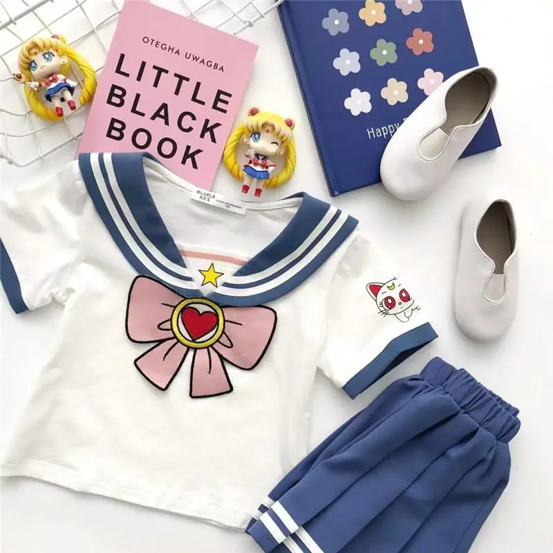 Baby Girls Clothes Sets Summer Bow Striped Tops Pleated Skirts Suits Cute Sailor Moon Cosplay Party Custume Children Clothes Set