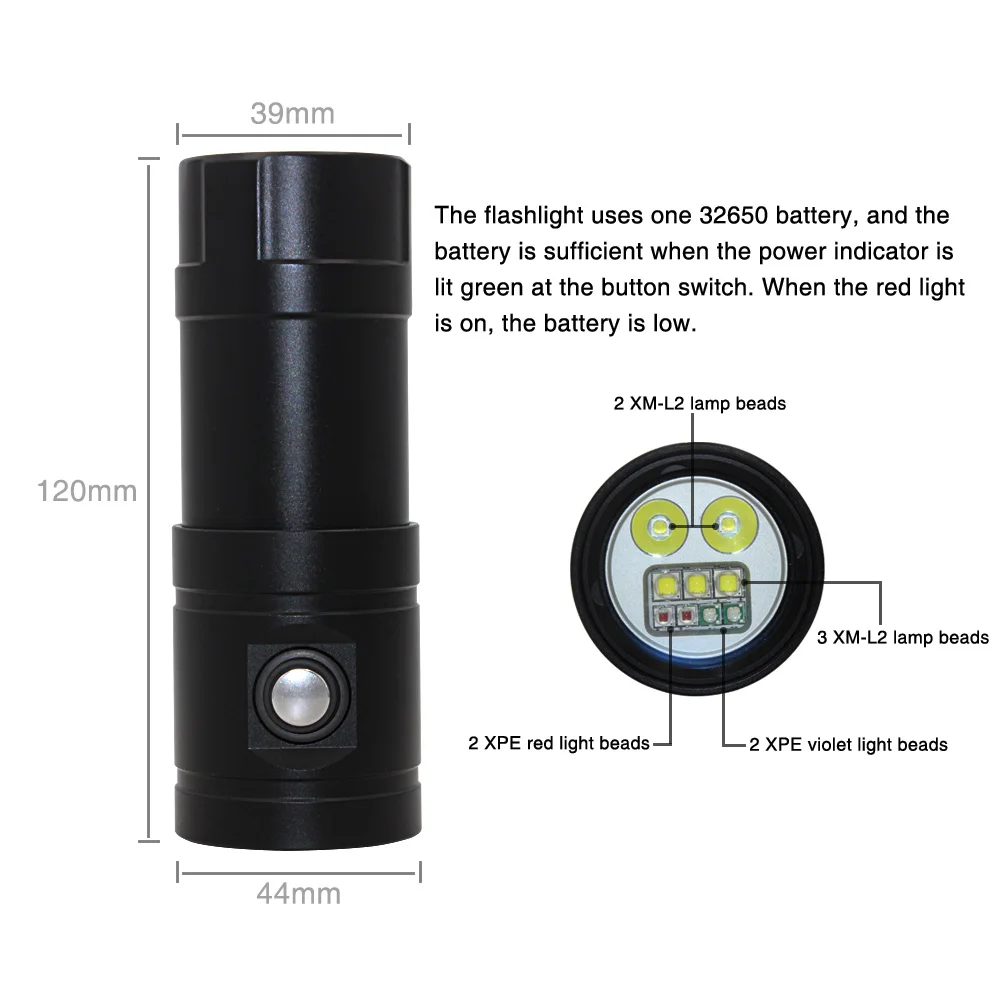 Underwater Video Light LED Diving Flashlight Tactical Torch 32650 waterproof 100M 9* led XM L2 XPE UV RED scuba dive light