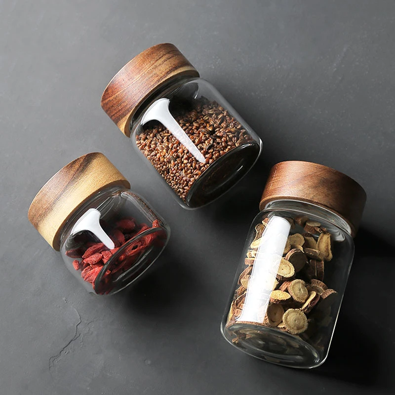 Clear Glass Storage Canister with Lid, Airtight Jar with Wooden Cover, Serving Tea Coffee Spice, Modern Decorative Small Bottle