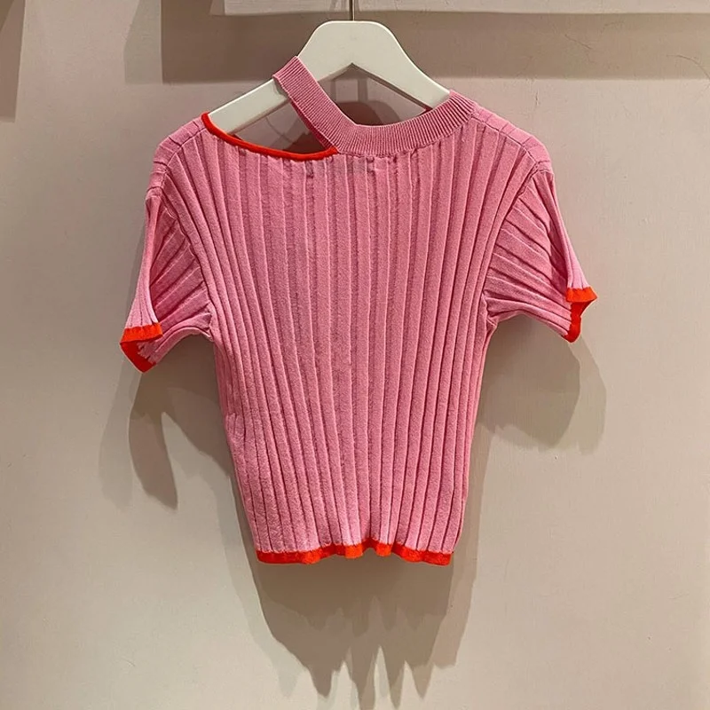 

New Summer Hollow Out Design Elegant Short Sleeve Thin Knitted Slim Spliced O-Neck Womens Fashion Korean Style Casual T-Shirts