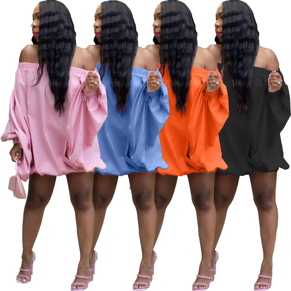 

Off The Shoulder Slash Neck Long Puff Sleeve Loose Short Dress Women Fashion Casual Solid Backless Night Club Partywear Dresses