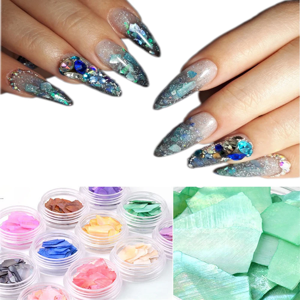 12Pc Natural Colorful Pearl Light Nail SeaShell Slices Particle Crushed Shell Manicure Set Thin Nail Art Glitter Decoration Tool