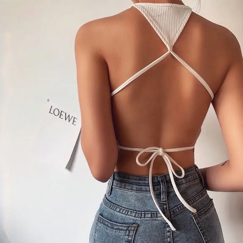 2025 Sexy Halter Crop Top Women Camis Backless Bandage Lace Up Bandeau Bra Vest Knitted Tank Top Party Club Beach Bustier