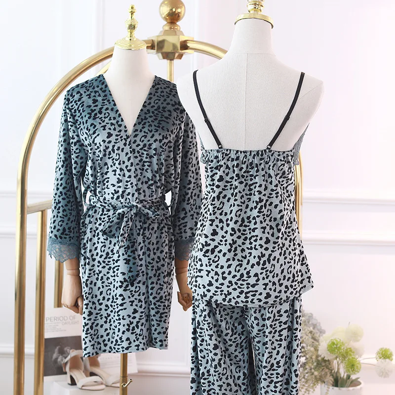

Velour Leopard PJS Lounge Wear Sleepwear Women 2021 New 3 Pieces Pajamas Set Casual Nightwear With Lace Kimono Bathrobe Gown