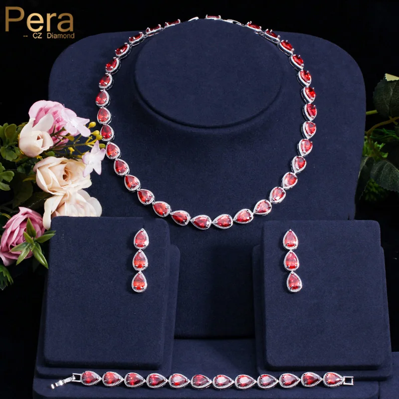 Pera Classic 3Pcs Red Waterdrop Shape Link Cubic Zirconia Choker Necklace Earring Banquet Party Jewelry Sets for Women Gift J213