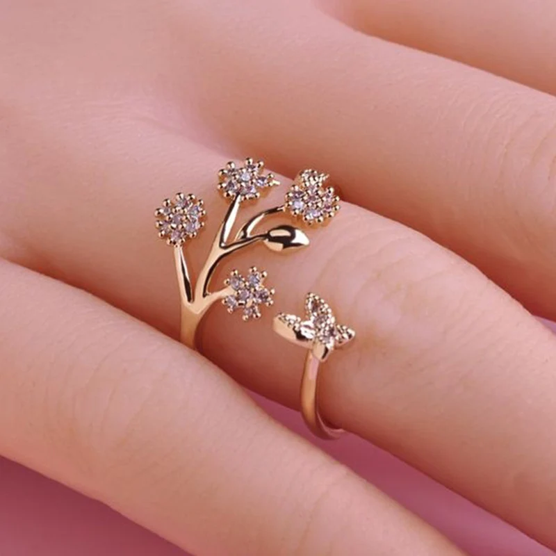 Luxury Crystal Butterfly Tree Leaf Wedding Rings for Women Fashion White Crystal Opening Finger Ring Engagement Party Jewelry