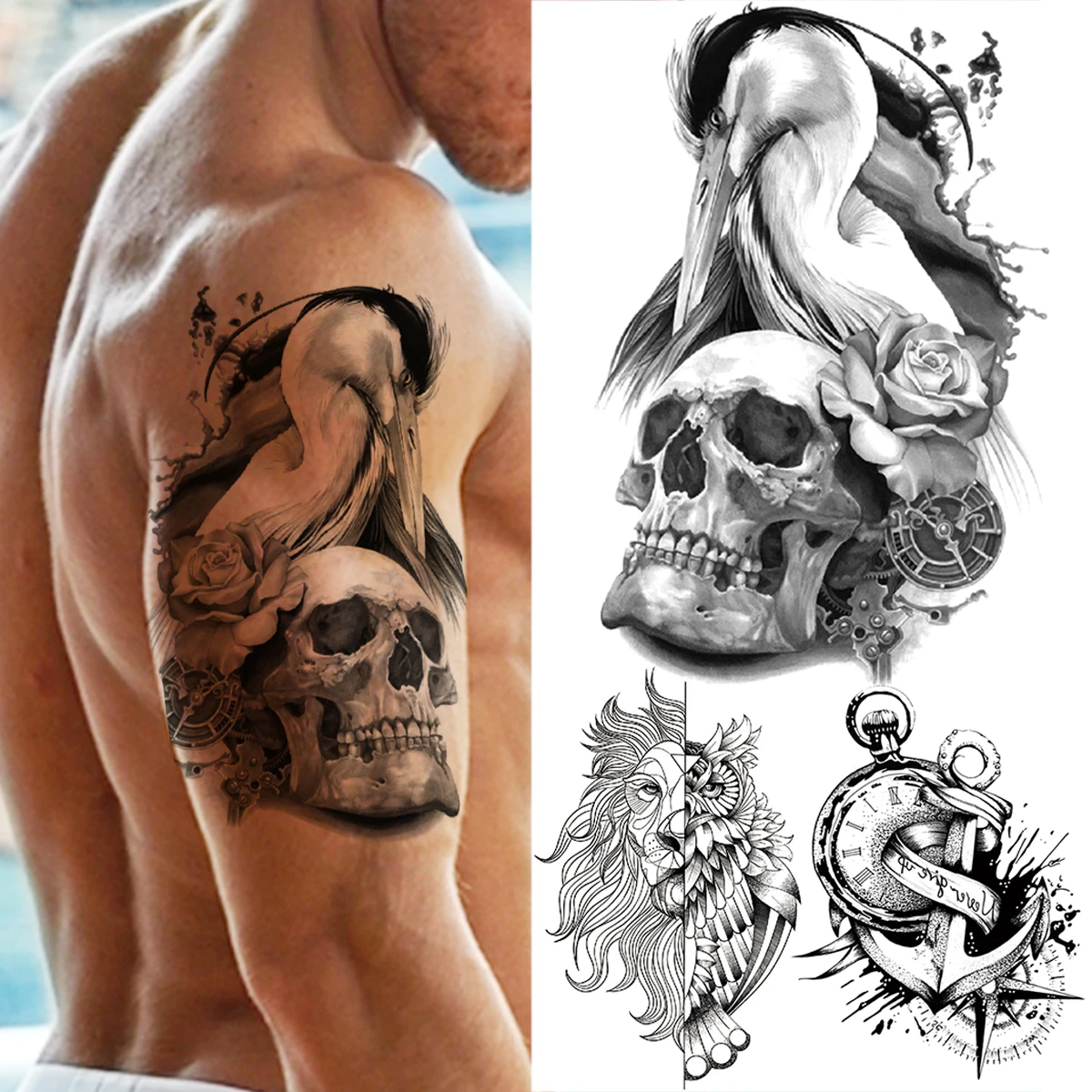 3D Flamingo Skull Temporary Tattoos For Men Women Black Adult Lion Owl Anchor Compass Fake Tatoos Washable Arm Thigh Waist Tatoo