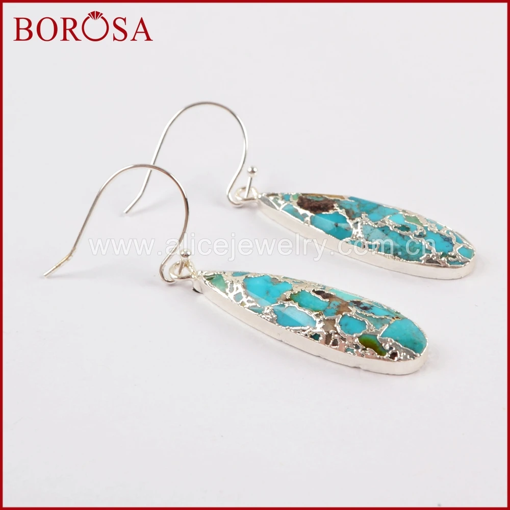 BOROSA Teardrop Silver Color Natural Copper Turquoises Dangle Earrings Natural Blue Stone Drop Earring Jewelry Accessories