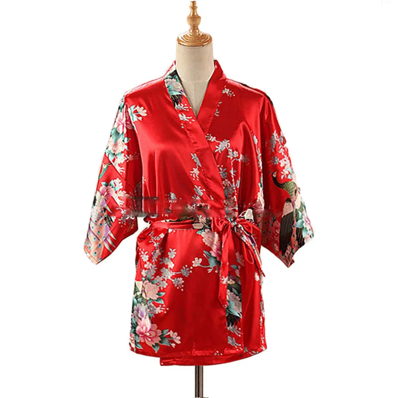 Lace Up Woman Peacock Print Japanese Kimono Yukata Silk Satin Short Style Sleepwear Home Nightgown Bath Robe Costume