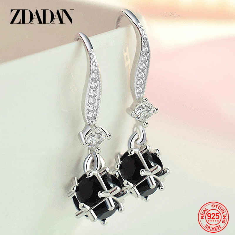 ZDADAN 925 Sterling Silver Black Round Zircon Drop Earrings For Women Fashion Wedding Jewelry Gift