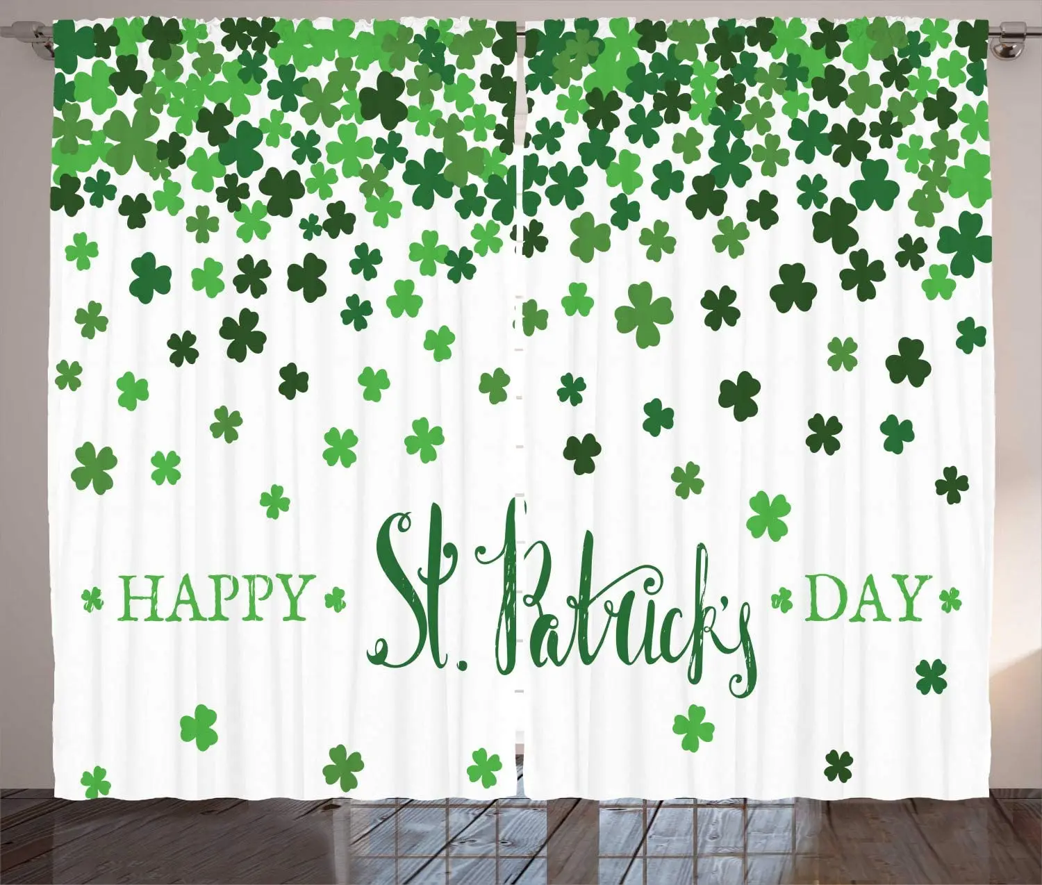 Emerald Fern Green Clover Curtains Happy St Patrick's Day Lettering with Little Shamrocks Living Room Bedroom Window Curtain