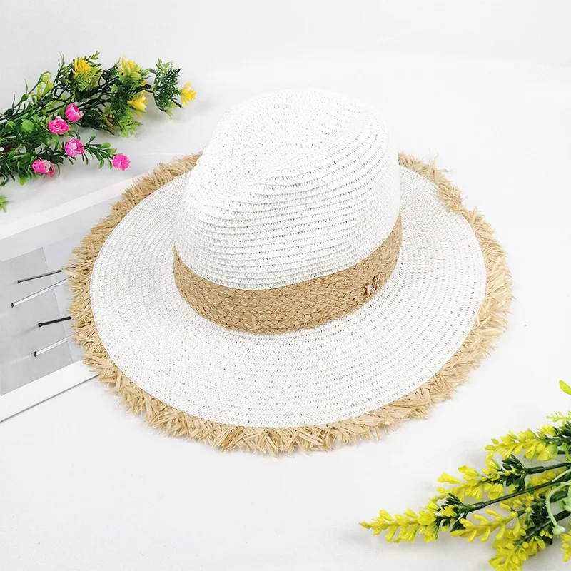 M logo straw hat sun hat gradient color three-layer men’s and women’s beach hat кепка мужская Fedora hat Panama tourism