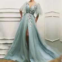 Green V Neck Evening Dress with Floral Appliques #2