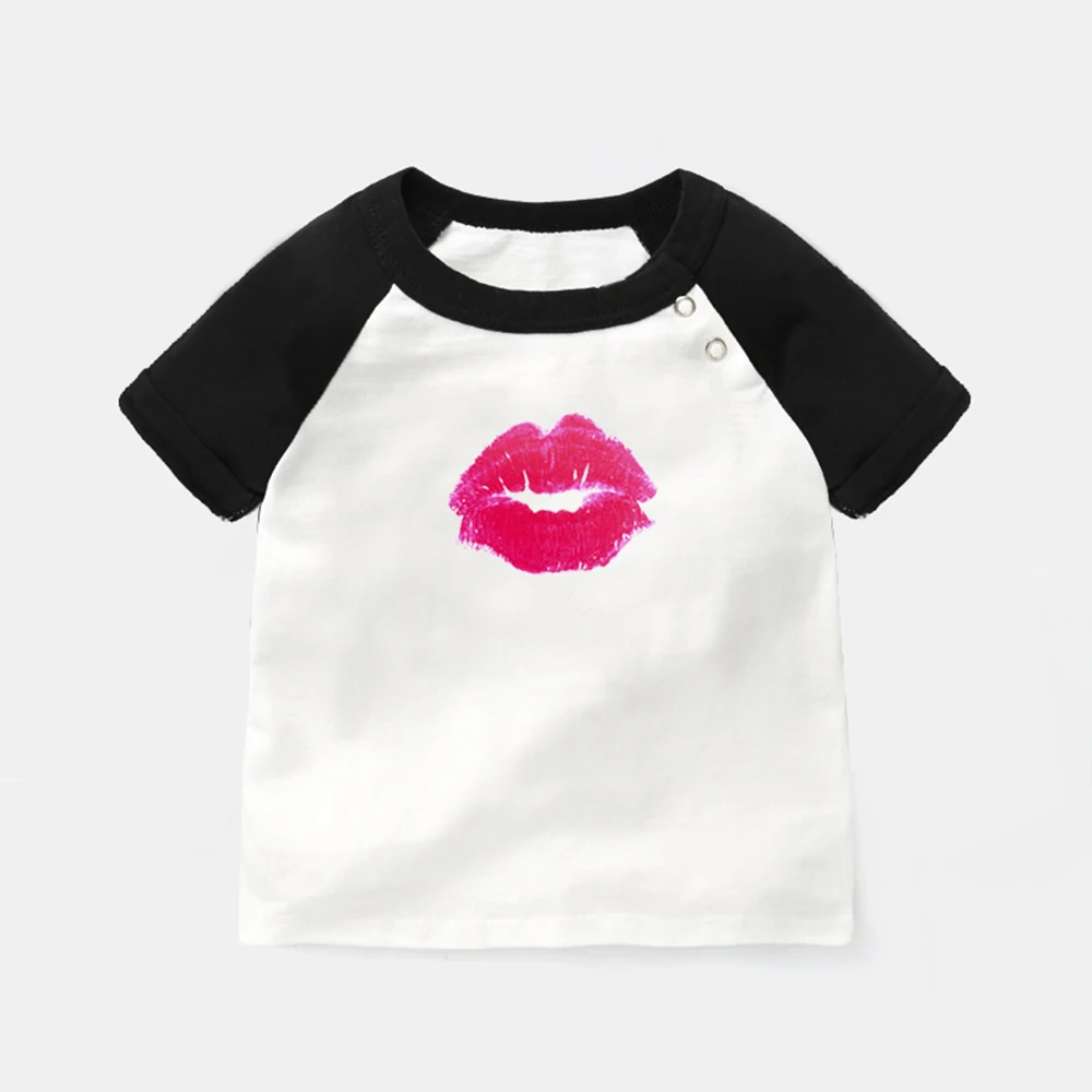 

Sexy Charming Pink Lips Easy And Cute Eyelash Design Newborn Baby T-shirts Toddler Graphic Raglan Color Short Sleeve Tee Tops