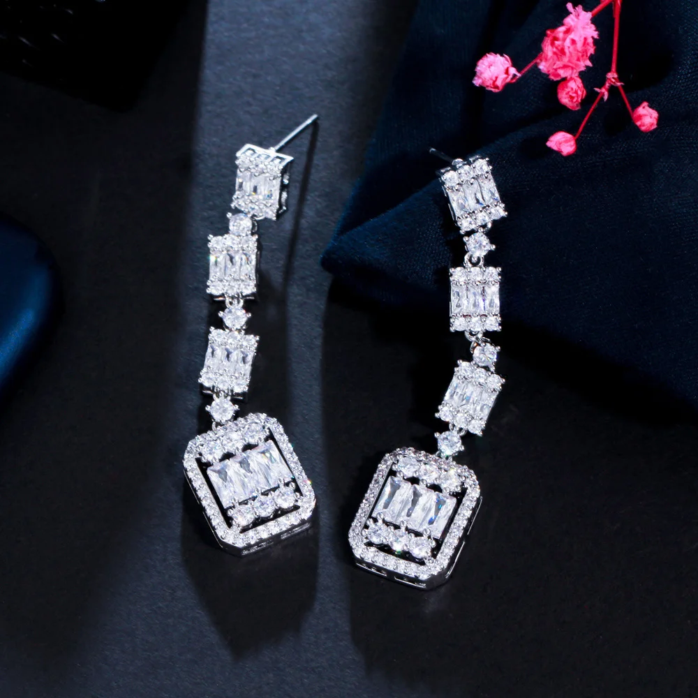 CWWZircons Gorgeous White Baguette CZ Long Dangle Party Earrings for Women Chic Cubic Zirconia Engagement Bridal Jewelry CZ065