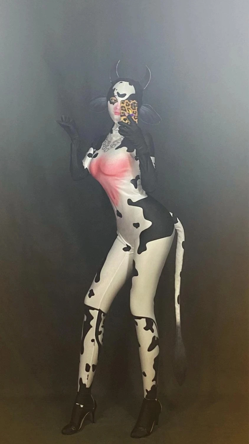 Sexy Nightclub Bar gogo stage dance Costume Halloween Little Cow Jumpsuit