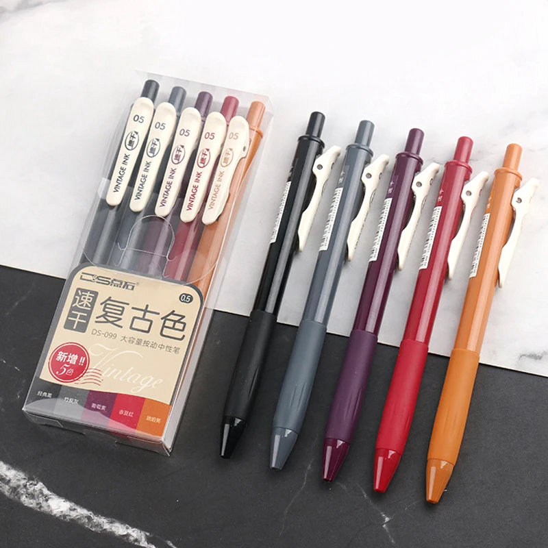 6 pcs/set Retractable Vintage Color Gel Pens Quick Dry 0.5mm Binder Clip Soft Rubber Grip Bullet Tip Retro Pens Stationery