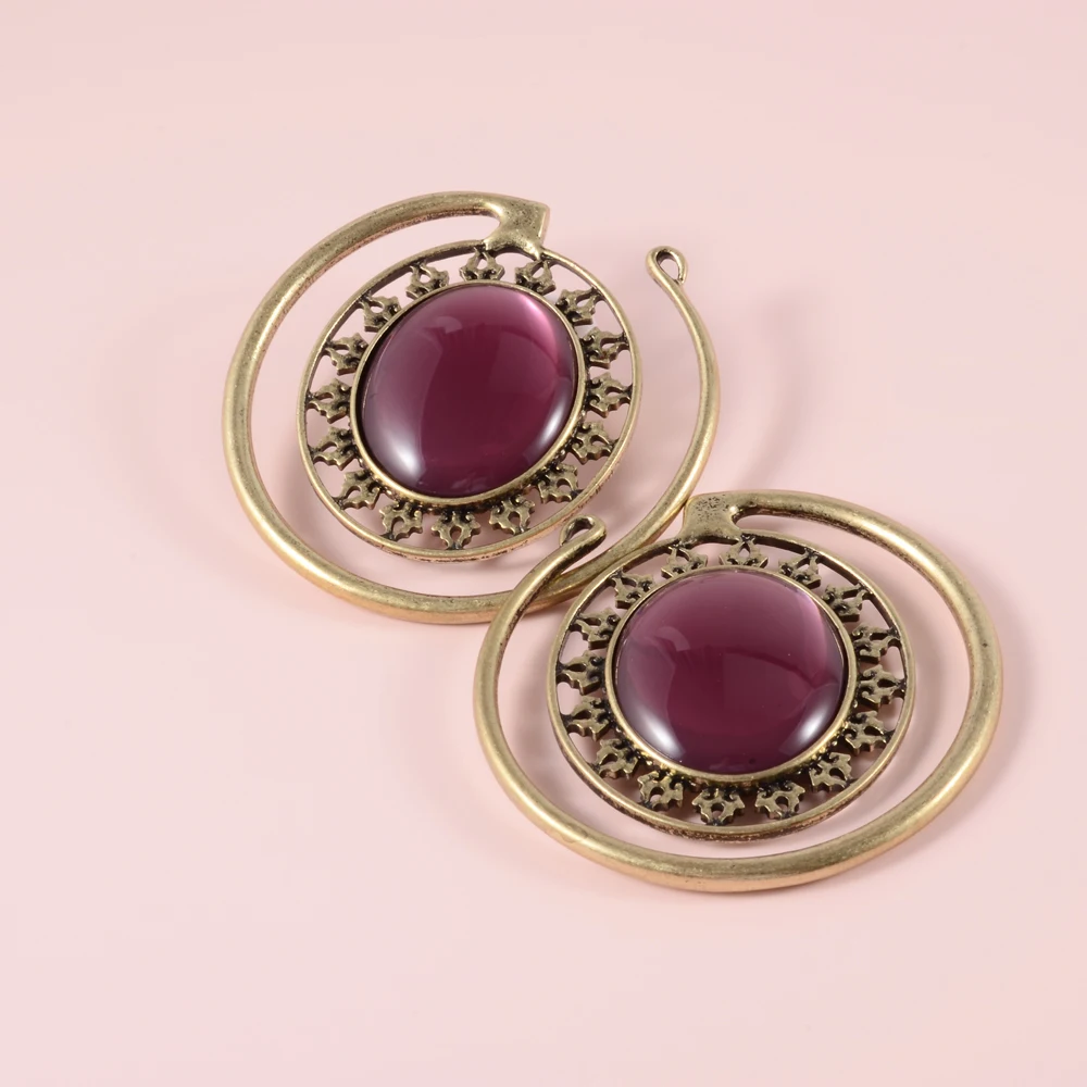 2pcs Solid Brass Stone Ear Weight Vintage Indian Tribal Style Hoop Earrings Lobe Piercings Gauges Expander Unisex Body Jewelry