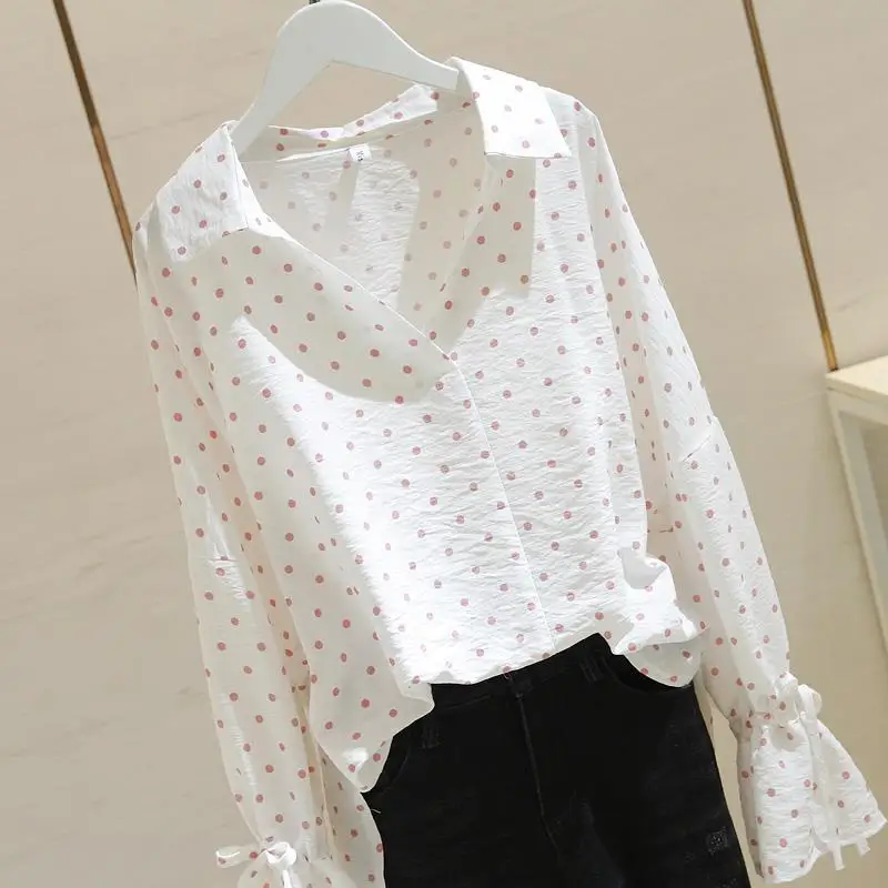 Fashion Women Blouse Chiffon V-Neck Pullovers Elegant Polka Dot Oversize Shirt Long Sleeve Ladies Top Female Casual Clothing