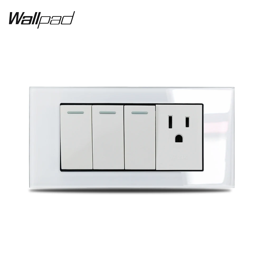 

153*75mm 3 Gang Push Button Switch and US Socket Wallpad L3 White Glass Panel AU US 16A 110V-250V 3 Button and US Power Outlet