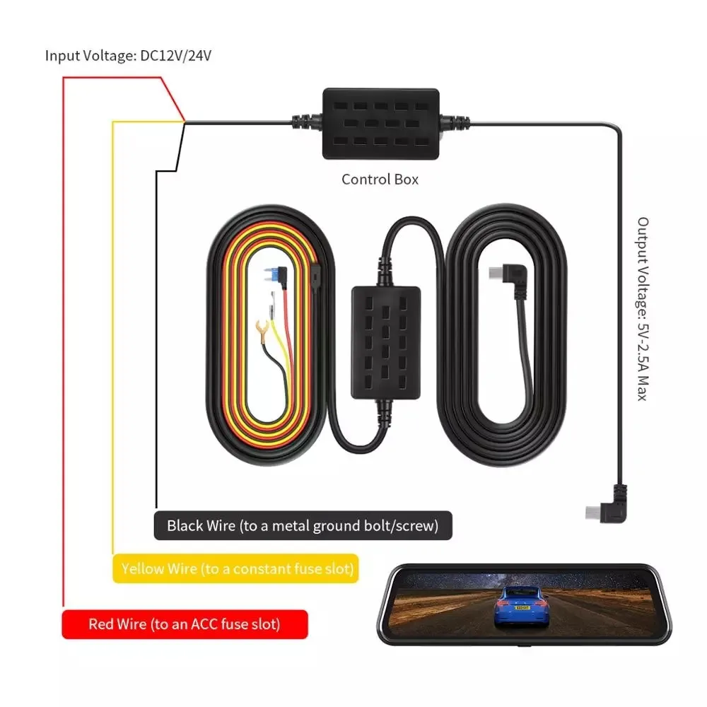 Mini USB Hard Wire Kit 12V 24V to 5V 2.5A Dash Cam Car Adapter Cable Fuse Low Voltage Protection Car Charger Cable Hard Wire