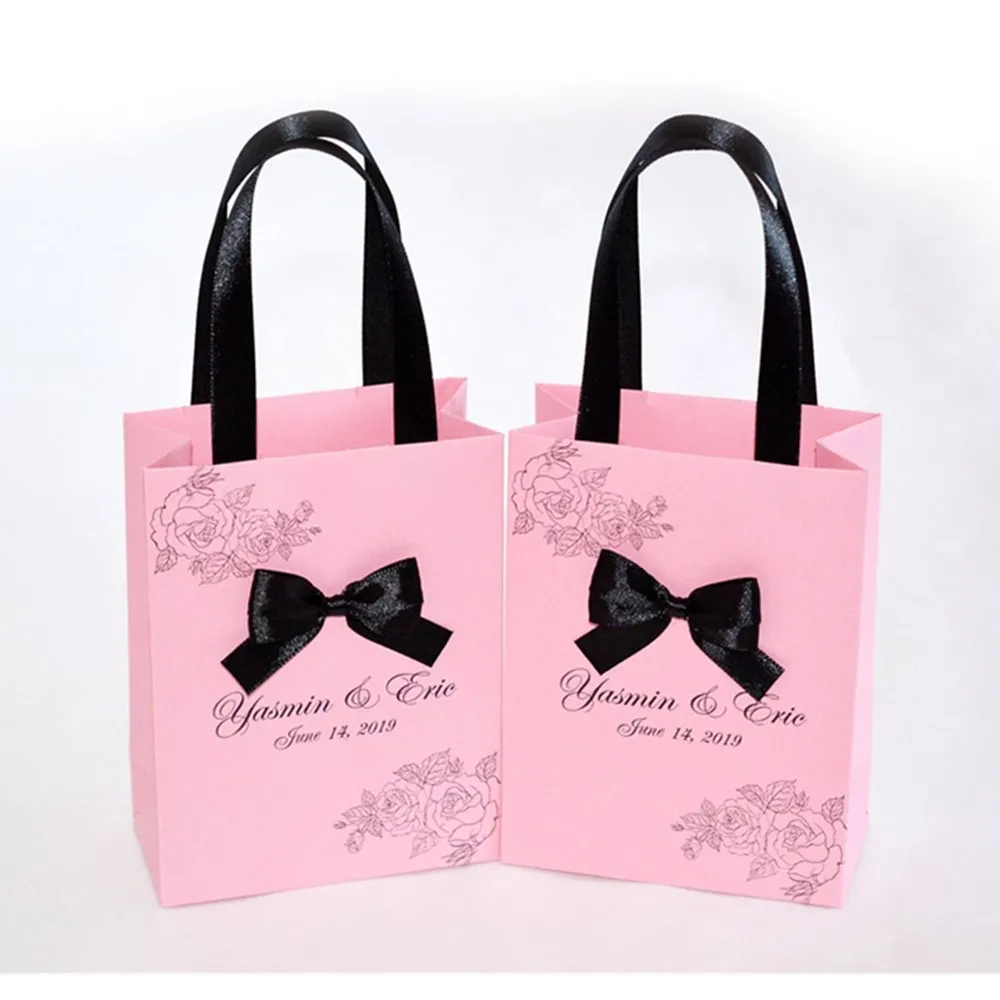 Personalized  Wedding Welcome bags with satin ribbon   bow and names, Elegant Light Pink cutom  wedding party favor for guests