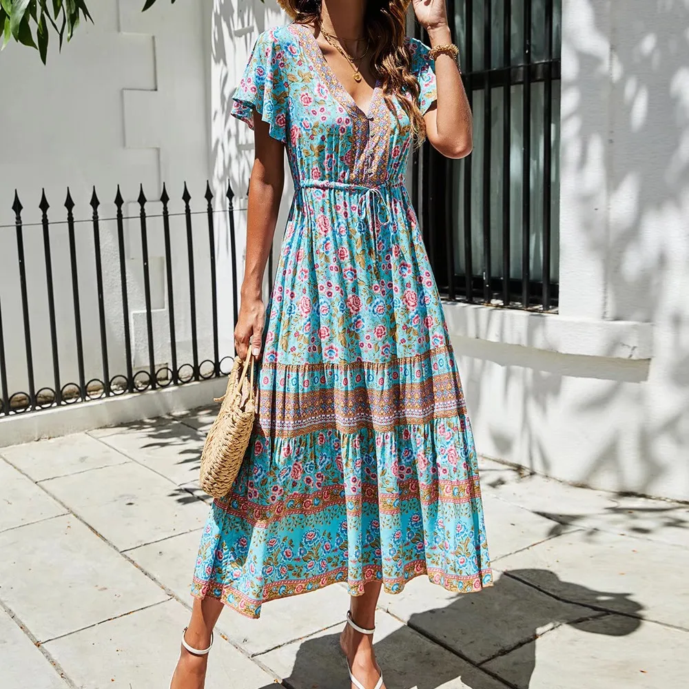 BOHO Open Button V neck Floral print Bohemia Dress Summer Woman Short Sleeve Tassel Strappy Maxi Long Dresses Holiday Robe