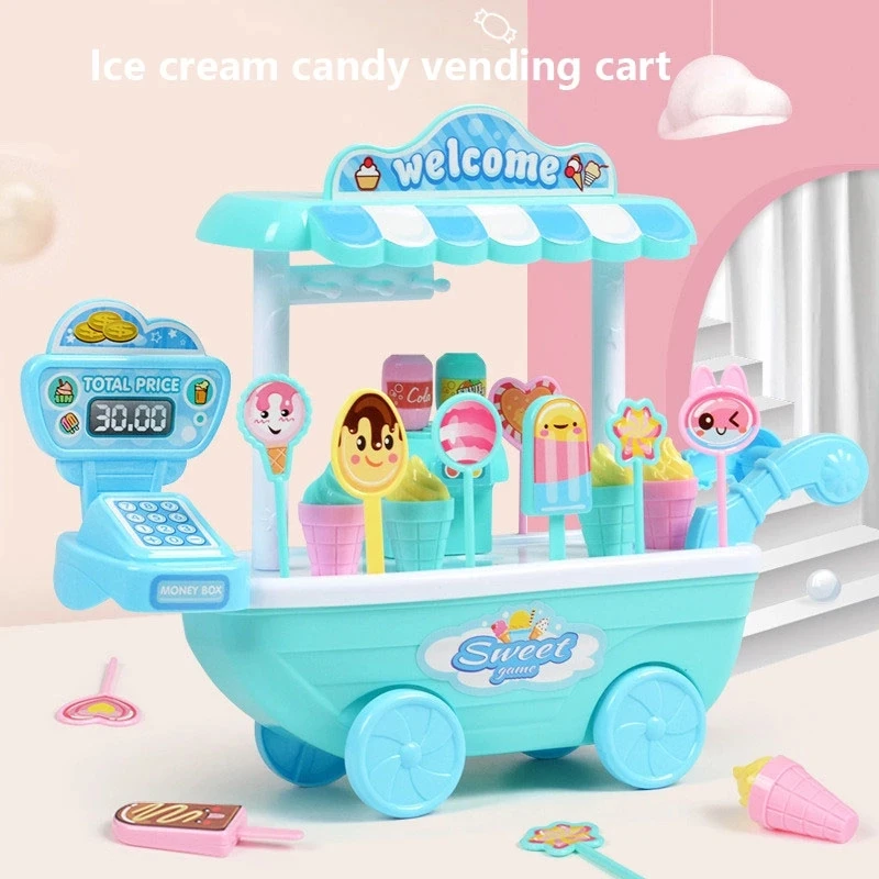 Children Mini Trolley DIY Toy Ice Cream and Candy Cart Pretend Play Food Cash Register Kids Role Play Shop Toys Girls Gifts