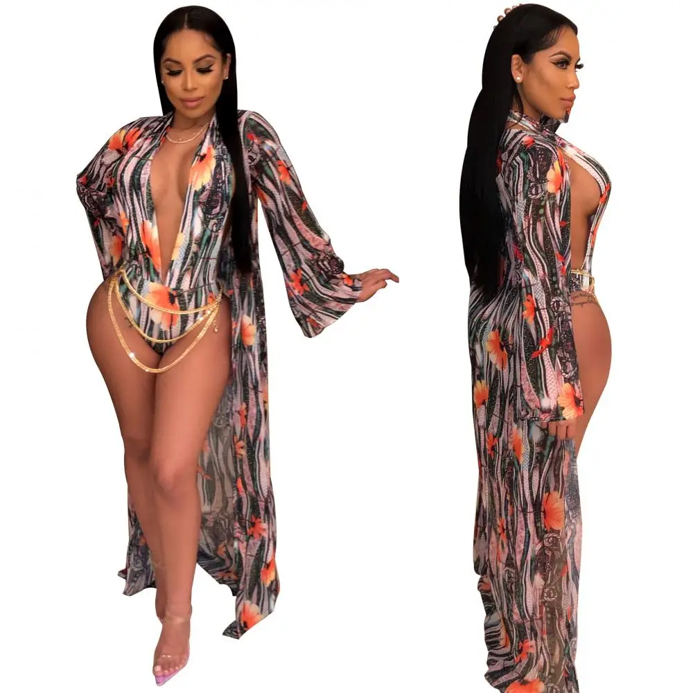 

European and American Women's 2021 Swimwear Fashion Casual One-Piece Printed Cloak + Bikini Split Swimsuit