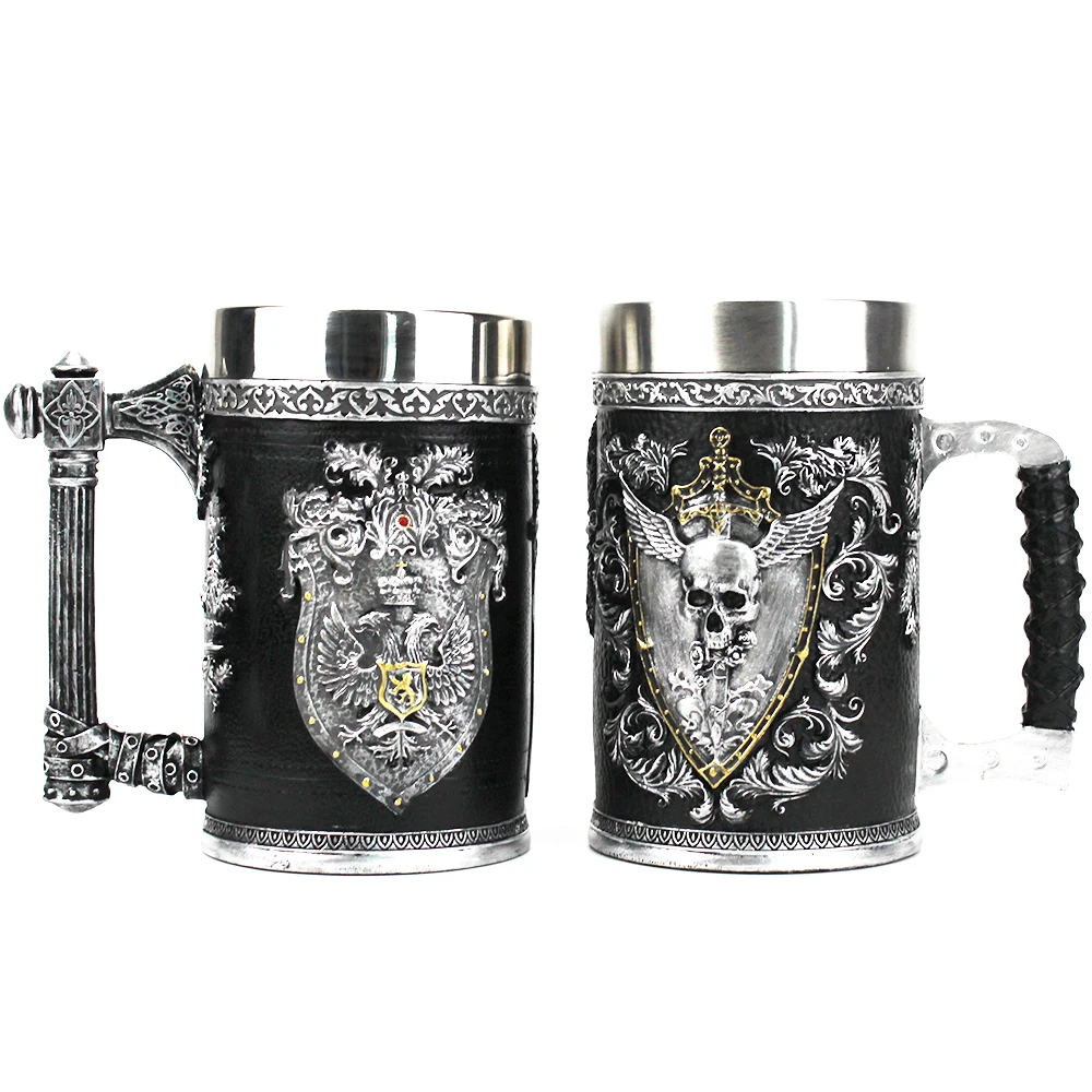 

Winged Sword And Shield Skull Crest Beer mug Double Headed Eagle Crest Axe Handle Tankard Stainless Steel Tumbler Beer Cup