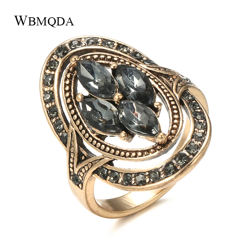 Wbmqda Charm Boho Gray Crystal Rings for Women 585 Antique Gold Color Ethnic Wedding Ring Vintage Jewelry Russia Accessories