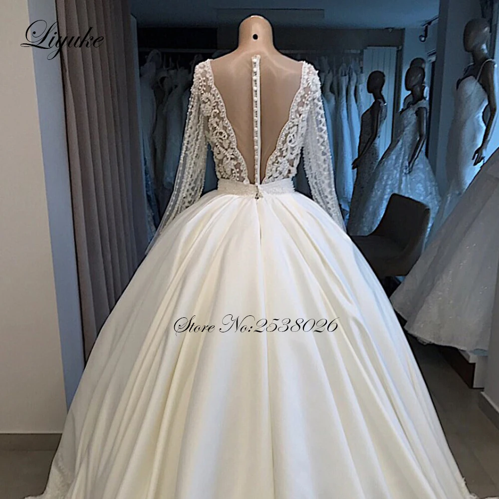 Liyuke Real Photos A Line Wedding Dress Ivory Satin Skirt Full Sleeve  Bling Bling Plearls Bridal Dress