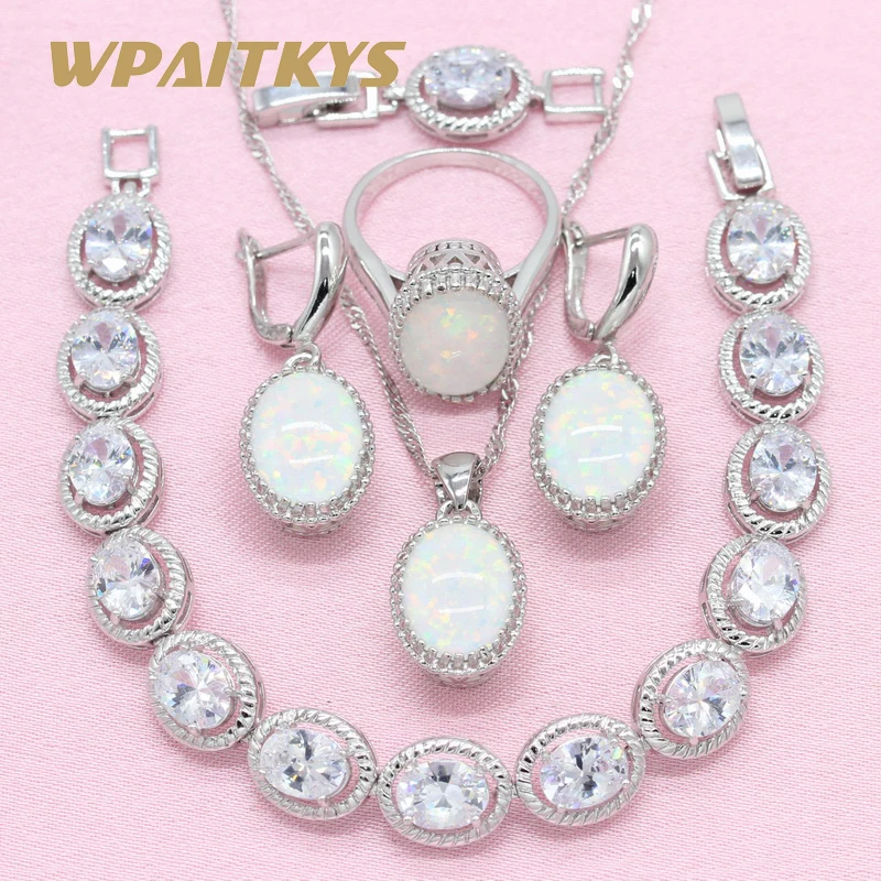 

Simple style Oval White Create Opal 925 Silver Jewelry Sets For Women Wedding Necklace Earrings Ring Bracelet Free Box WPAITKYS