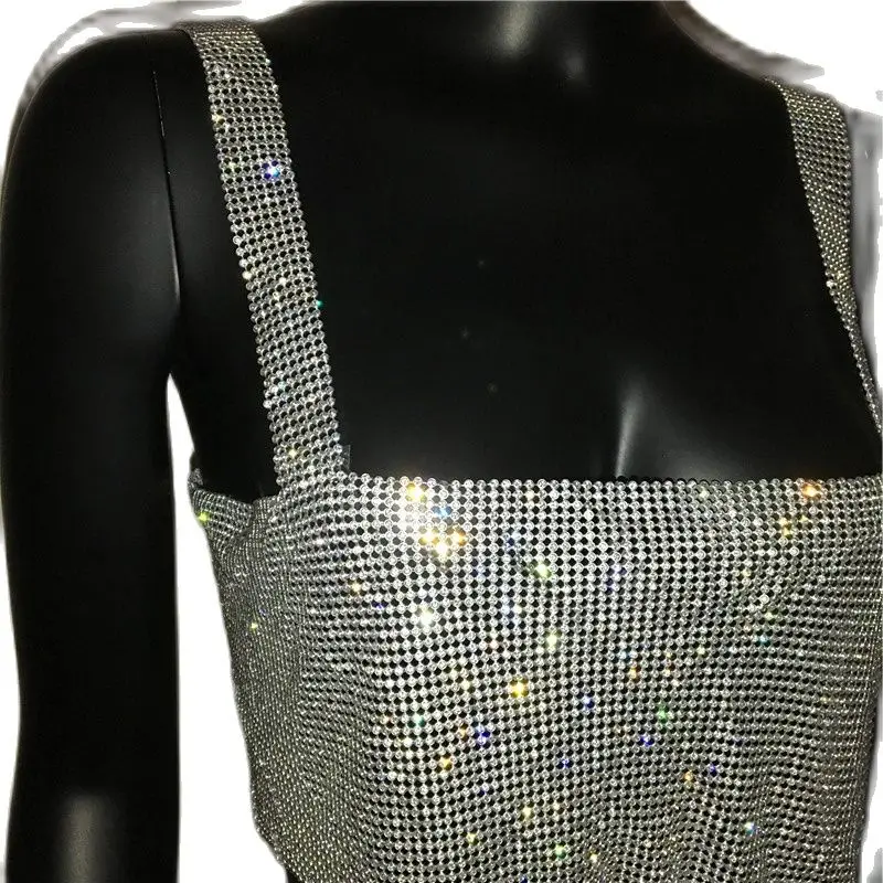 FestivalQueen Women\'s Backless Crystal Metal Mesh 2 Piece Set Sleeveless Tank Top Split Empire Skirt Rhinestone Spaghetti Strap