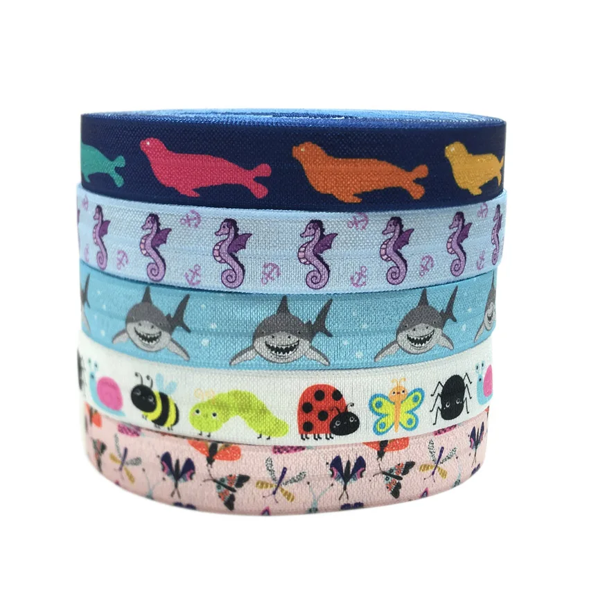 

10 Yard 5/8" 15mm Shark Seahorse Bee Print Foldover Elastic FOE Spandex Band Hair Tie DIY Sewing Trim