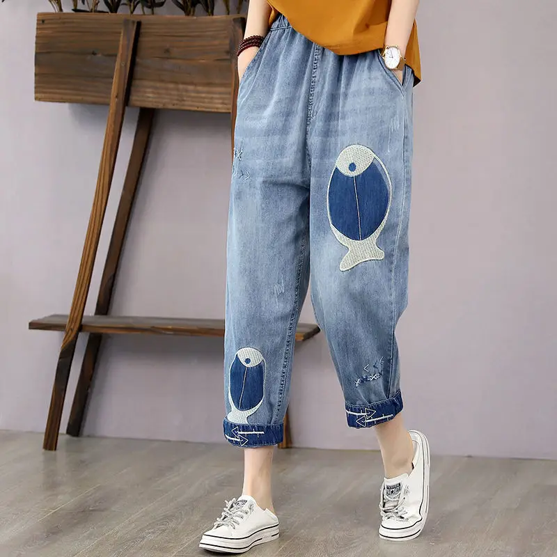 Embroidered Fish High Waist Jeans Elastic Waist Cropped Jeans Women Retro Literary Denim Thin Loose Women\'s Harem Pants Vintage