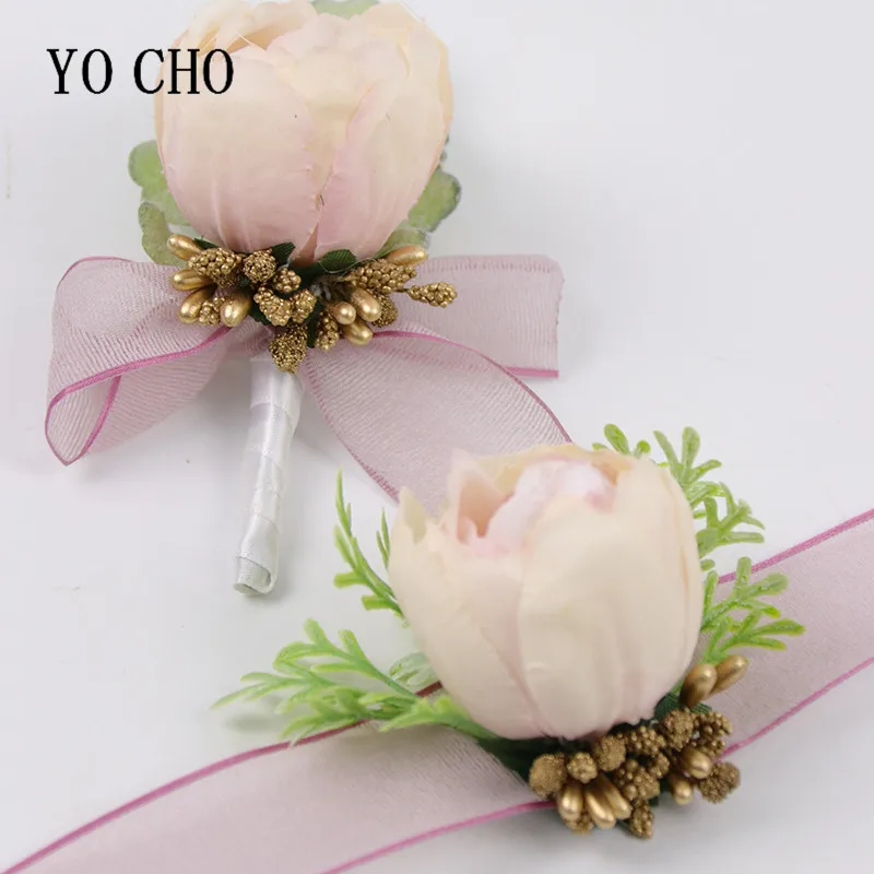 YO CHO 신랑 들러리를위한 웨딩 Boutonnieres 신부 들러리 손목 Corsage 남자 브로치 핀 실크 장미 꽃 팔찌 웨딩 Boutonniere