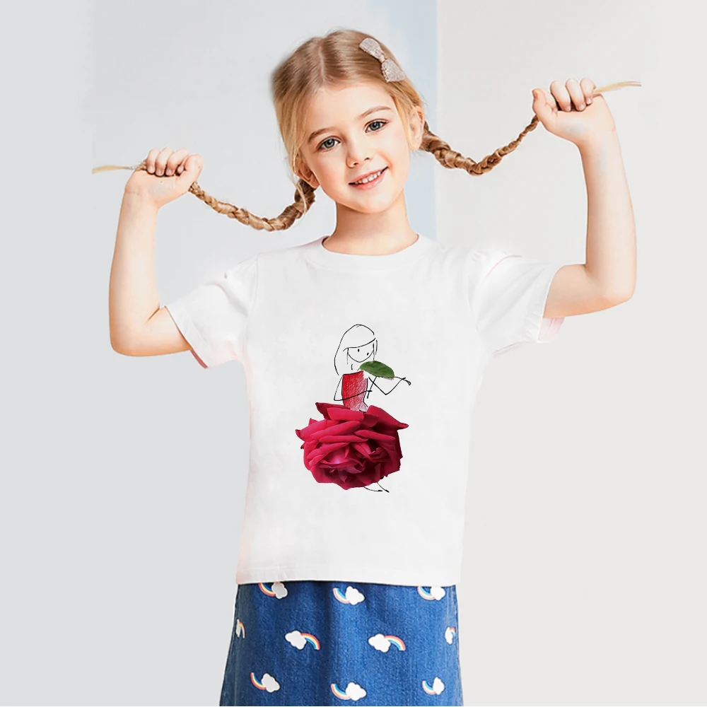 

Cute Baby Girls Clothes Rose Girl Violin Printed Kids T shirt Summer Cozy Fine Children's Clothing Casual Girls T-shirt tops