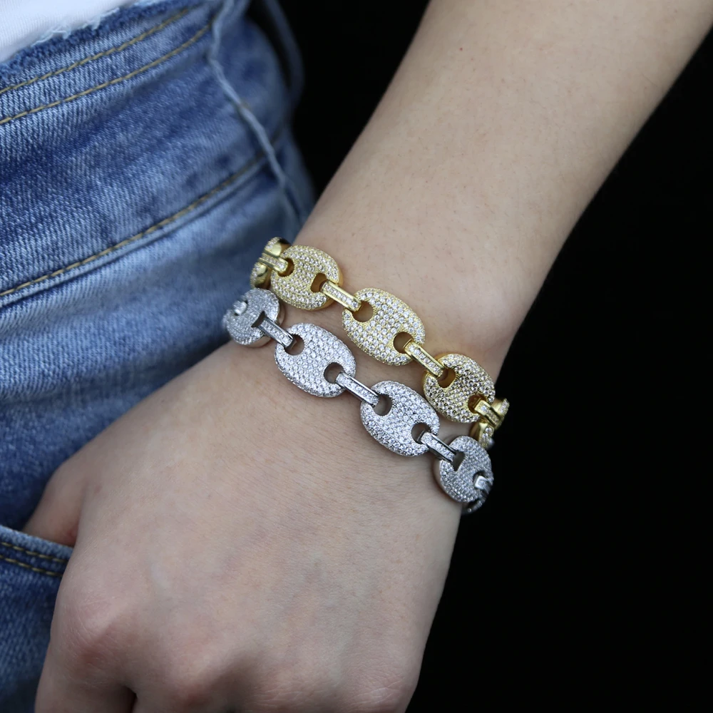 

Coffee beans Bracelet Puffed Marine Chain 12mm Hip hop Silver Color Multicolor Fashion Punk Charms Bracelets Women Men Jewelry