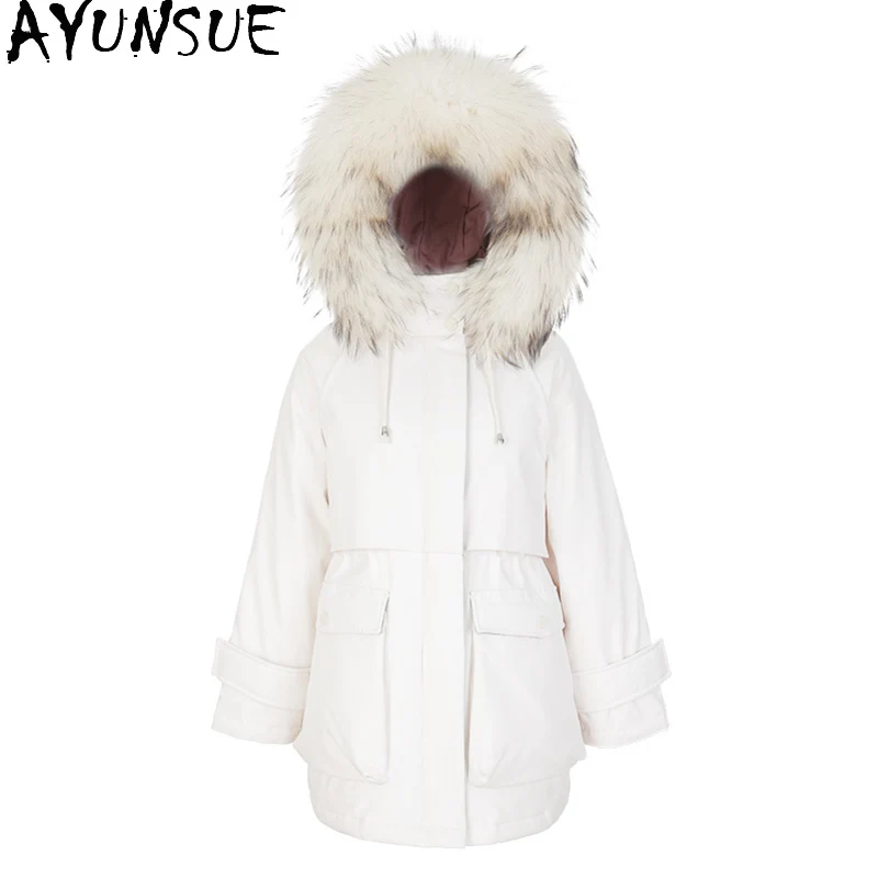 AYUNSUE Women\'s Jacket Winter 2020 Real Raccoon Dog Fur Collar Hooded Jackets Female White Duck Down Coats Long Parkas Casaco