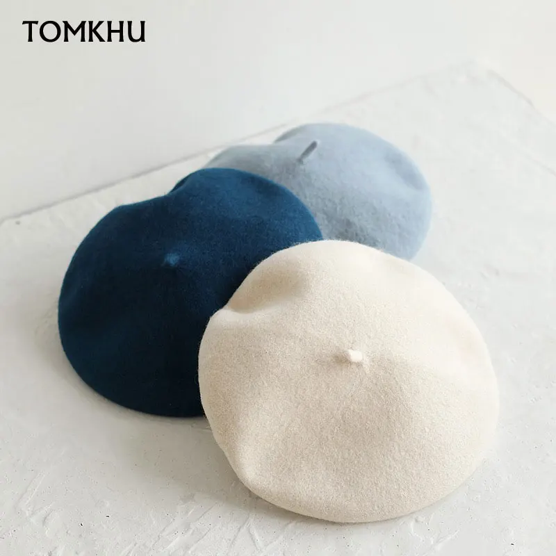 TOMKHU Fashion Solid Color Warm Wool New Winter Thin Wool Women Girl Beret French Artist Beanie Hat Cap For Female White Blue