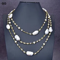 GuaiGuai Jewelry 65'' Natural White Keshi Pearl Crystal Gold Color Plated CZ Chain Long Necklace For Women