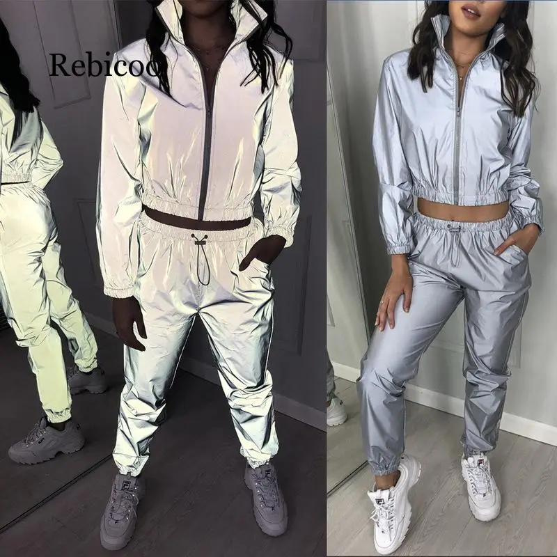 Reflective Turtleneck Sweatsuit Sportwear Two Piece Set Woemn Autumn Jacket Crop Top + Jogger Pant Matching Set Outfit Tracksuit