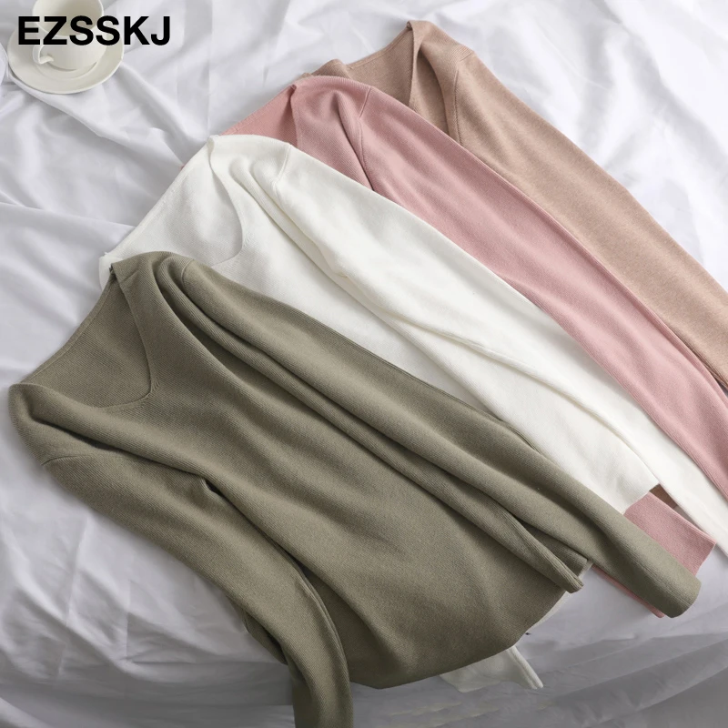 chic casual Autumn Winter Basic v-neck Sweater pullovers Women Knit  Pullover female Long Sleeve Khaki Sweater