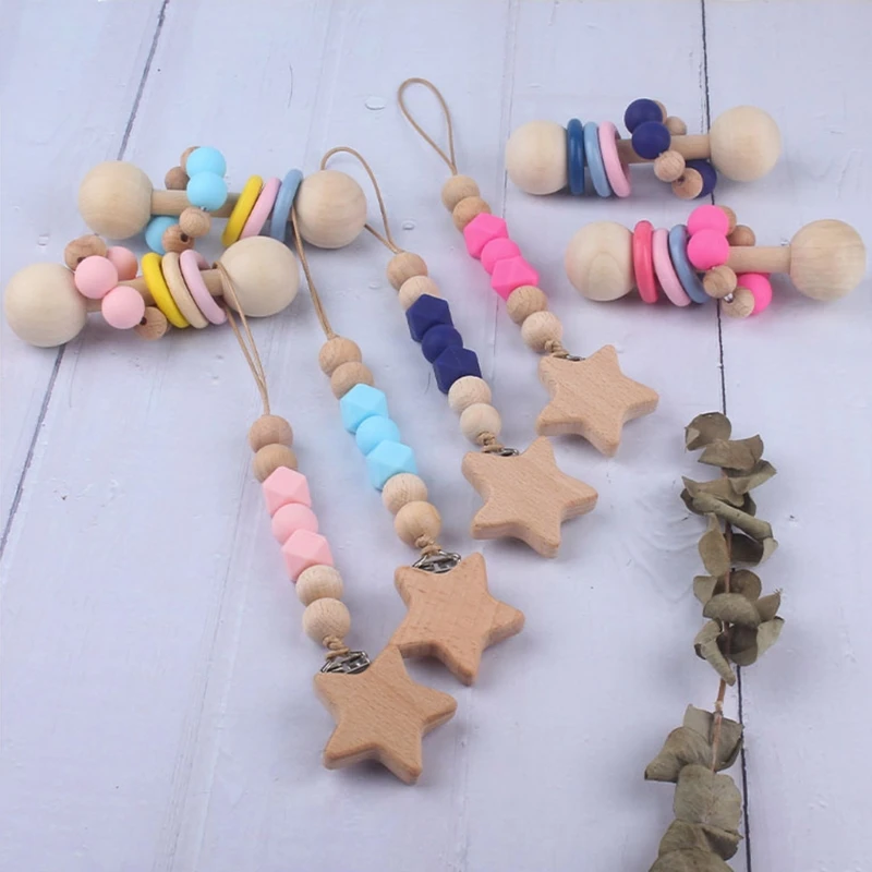 

Baby Pacifier Chain Clip Rattle Set Nipple Dummy Holder Wooden Teething Soother Toy Newborn Teether Molar Gifts