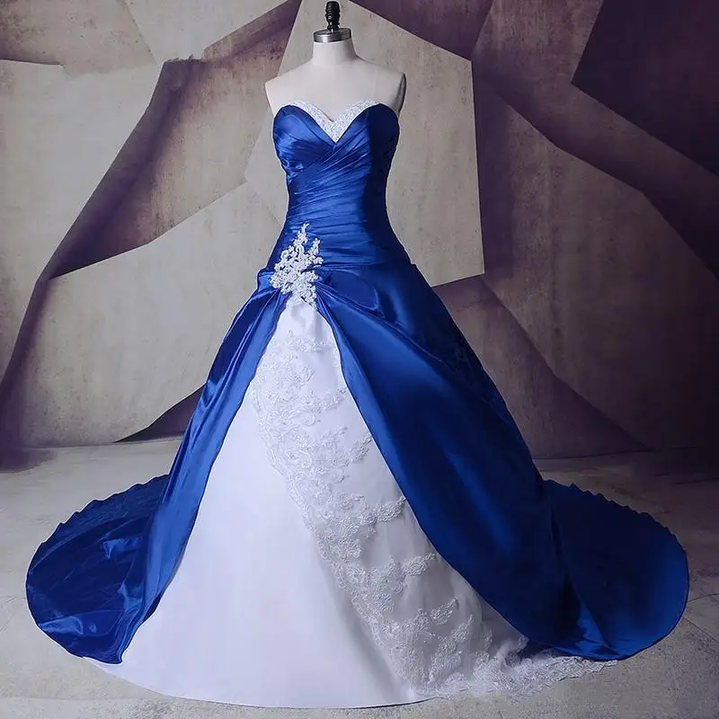 Chapel Train Victorian Bustle Wedding Dress Strapless White And Royal Blue Long Corset Bride Formal Gown Satin Robe Customized