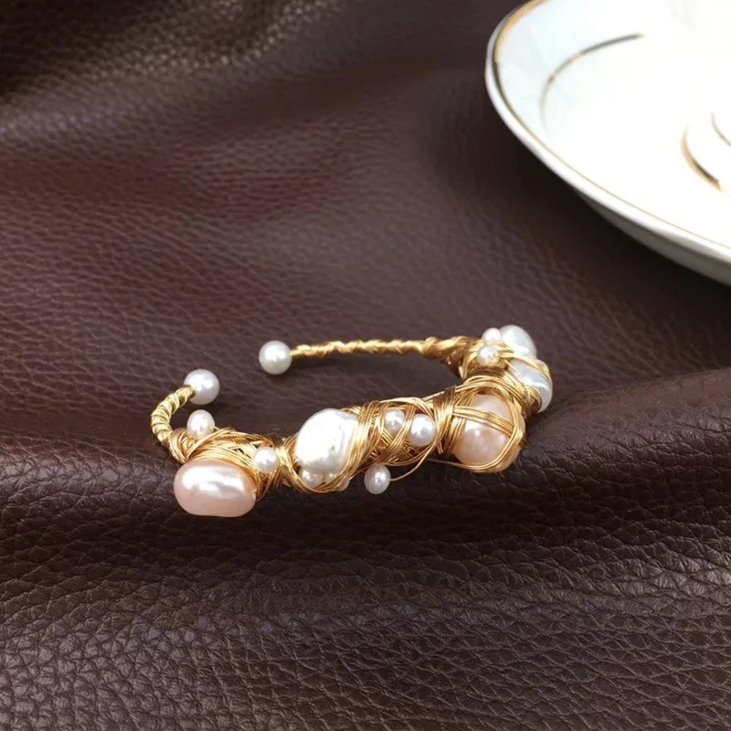 

Thick gold filled women jewelry natural freshwater real pearl baropque shape pure handmade bracelet stretch bangle