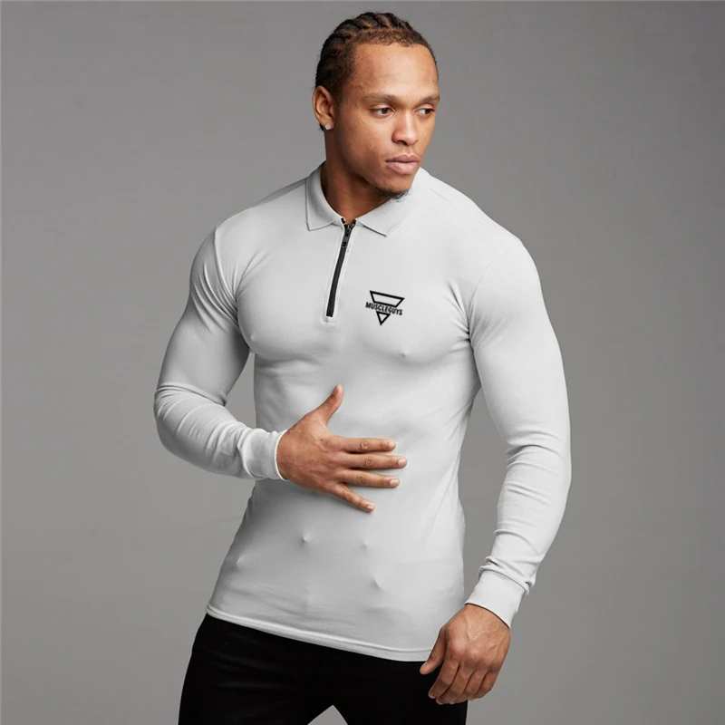 Muscleguys Polo Shirt Mens Long Sleeve Zipper Turn Over Collar Slim Fit Breathable Gym Clothing Bodybuilding Fitness Poloshirt