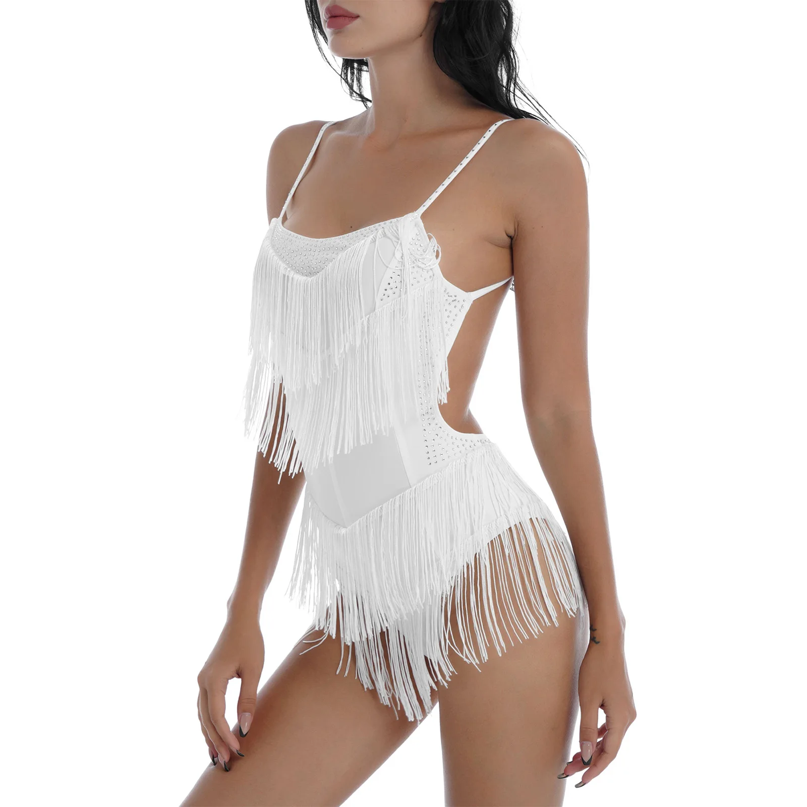 

Latin Dance Dress Backless Fringed Leotard Costume Rhinestone Tassel Dancer Singer Entertainer Ballroom Tango Sanba Dancewear