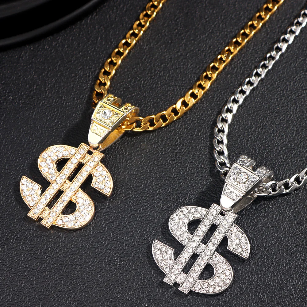 Bling Strass Dollar Anhänger Halskette Für Männer Silber Farbe Iced out 13mm Kubanischen Kette Choker Halsketten Hiphop Rap Rock schmuck – Detail 8